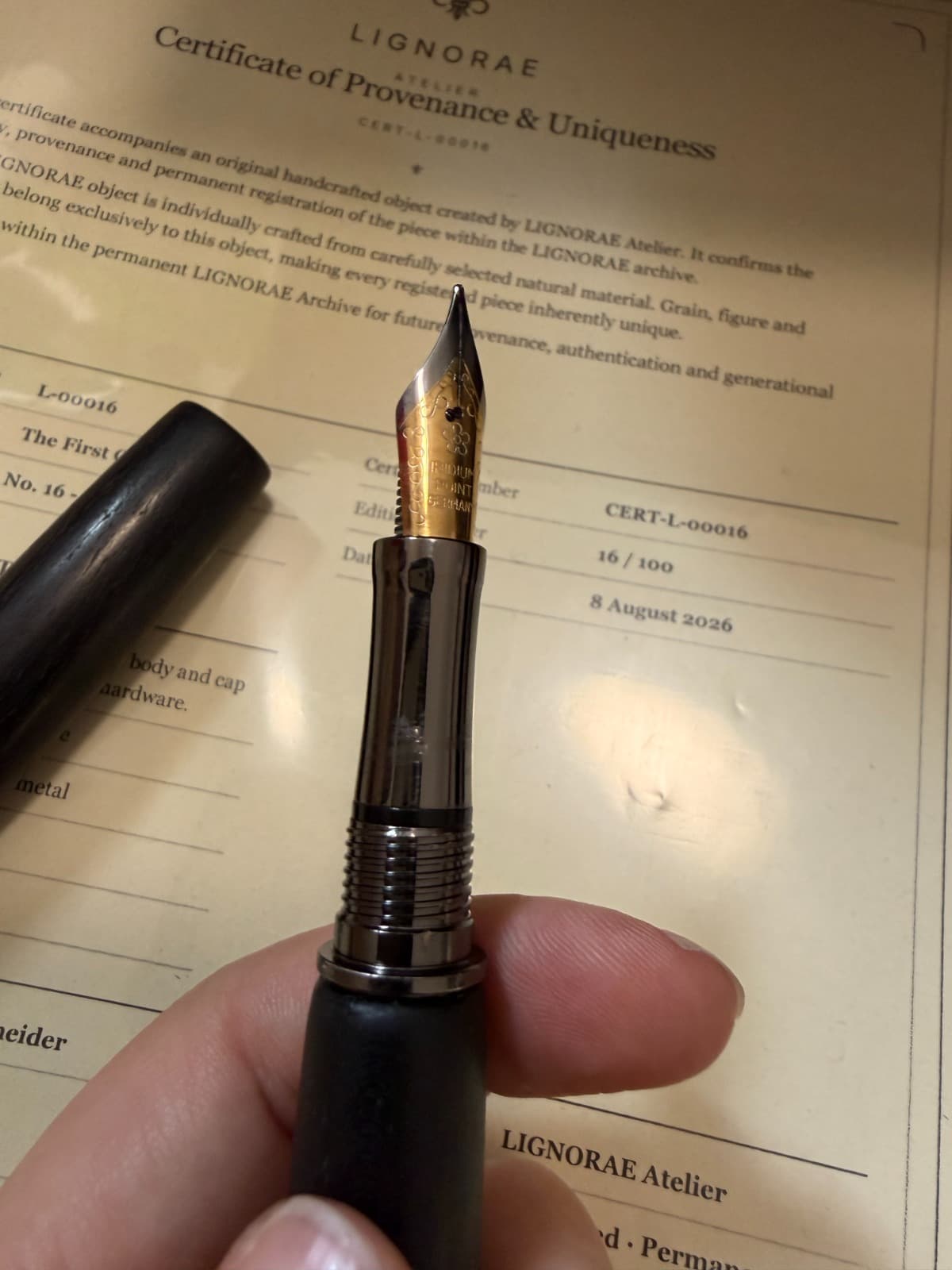 LIGNORAE nib photographed over the certificate of provenance